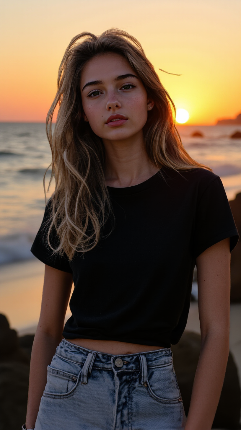 Relit photo, A woman standing on a beach next to the ocean at sunset.
